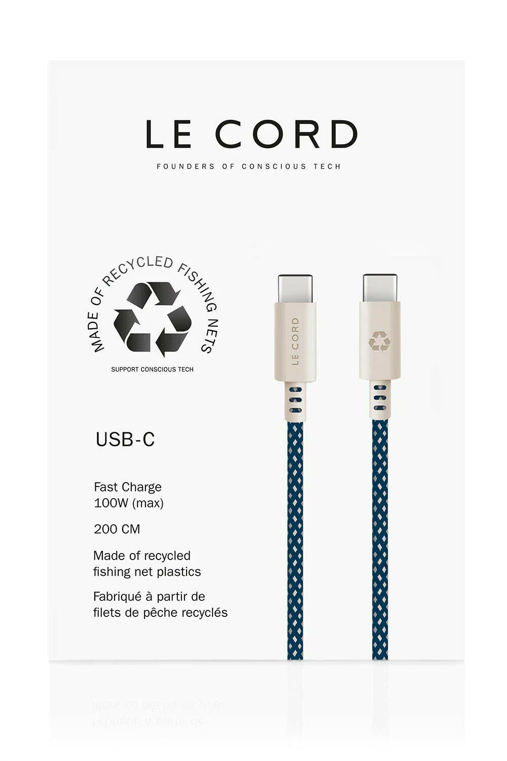 USB-Kabel in Meeresblau · Typ C · 100 W · 2 Meter · Aus recycelten Fischernetzen
