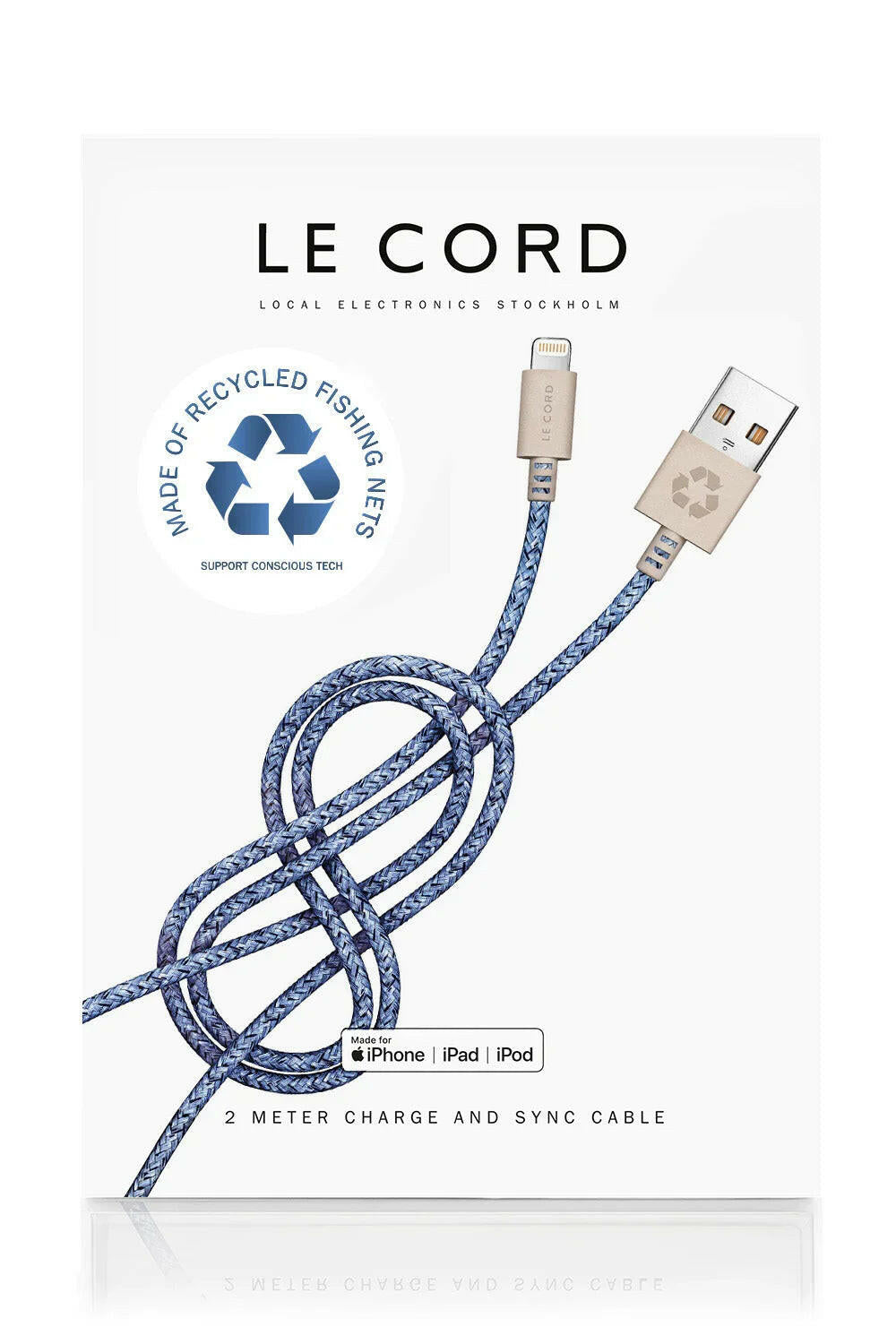 Blaues iPhone Lightning-Kabel · 2 Meter · Aus recycelten Fischernetzen Mit Verpackung