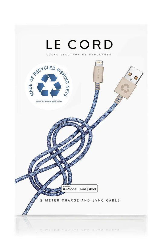 Blaues iPhone Lightning-Kabel · 2 Meter · Aus recycelten Fischernetzen Mit Verpackung