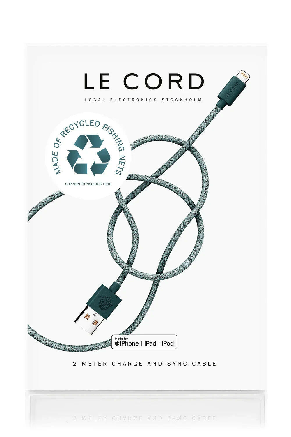 Grünes iPhone-Lightning-Kabel (USB A) · 2 Meter · Aus recycelten Fischernetzen Mit Verpackung