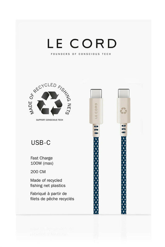 USB-Kabel in Meeresblau · Typ C · 100 W · 2 Meter · Aus recycelten Fischernetzen
